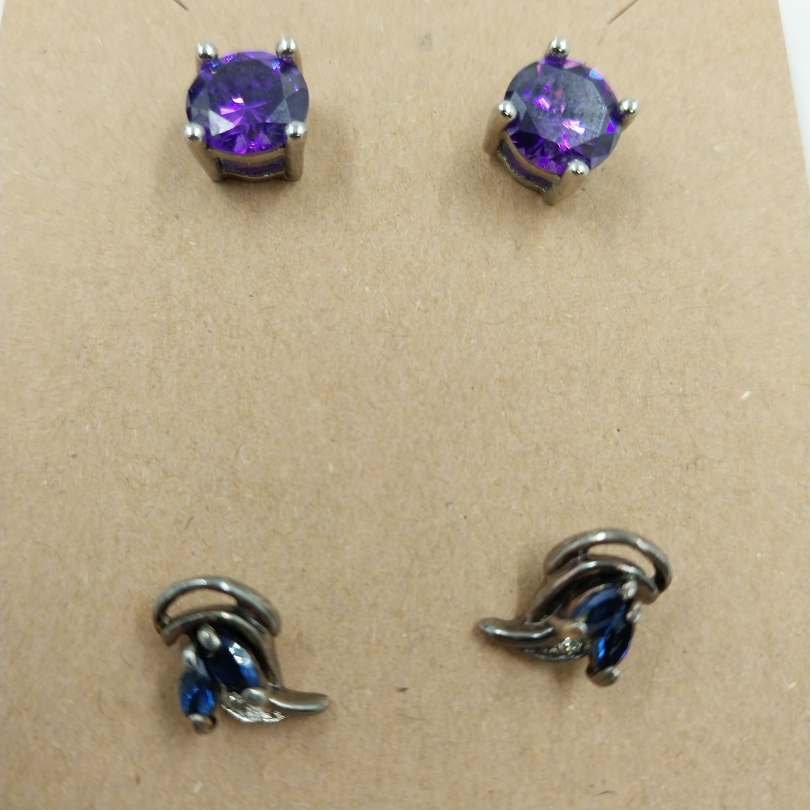 Set of 2 Pair Stud Earrings Silver Tone Purple Rhinestone and Blue Rhinestone