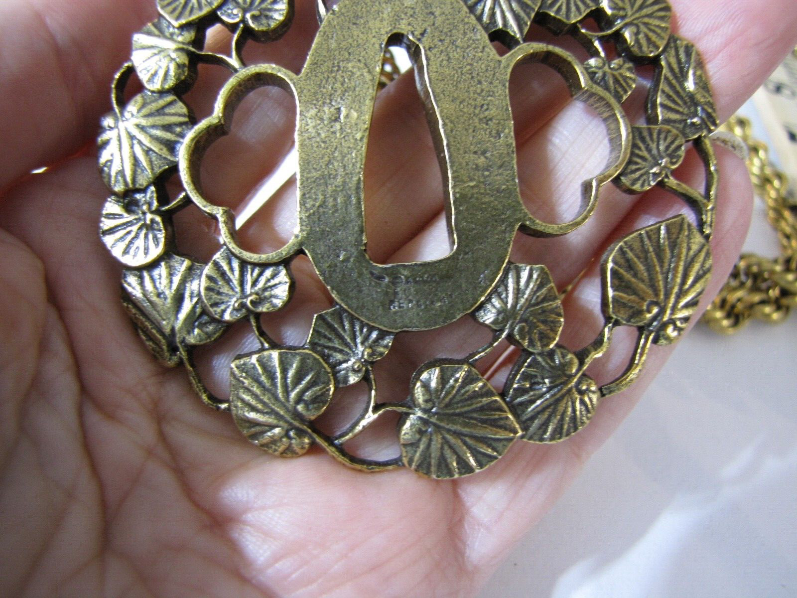 Vintage Alva Museum Replica Hollyhock Tsuba Pendant 30″ Rope Chain Signed Huge