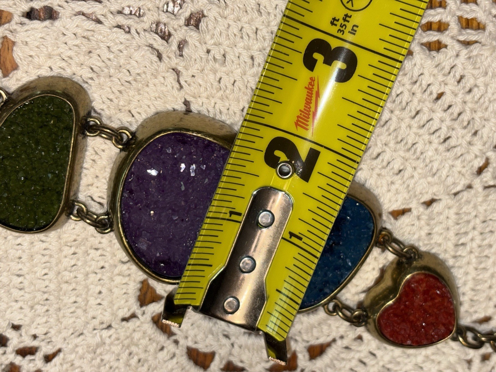 Vintage Handmade 5 Color Geode & Brass Link Chunky Bracelet Toggle Clasp BOHO