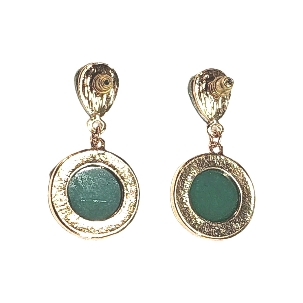 Vintage Green Faux Stone Rhinestone Gold Tone Dangle Earrings Teardrop Round GUC