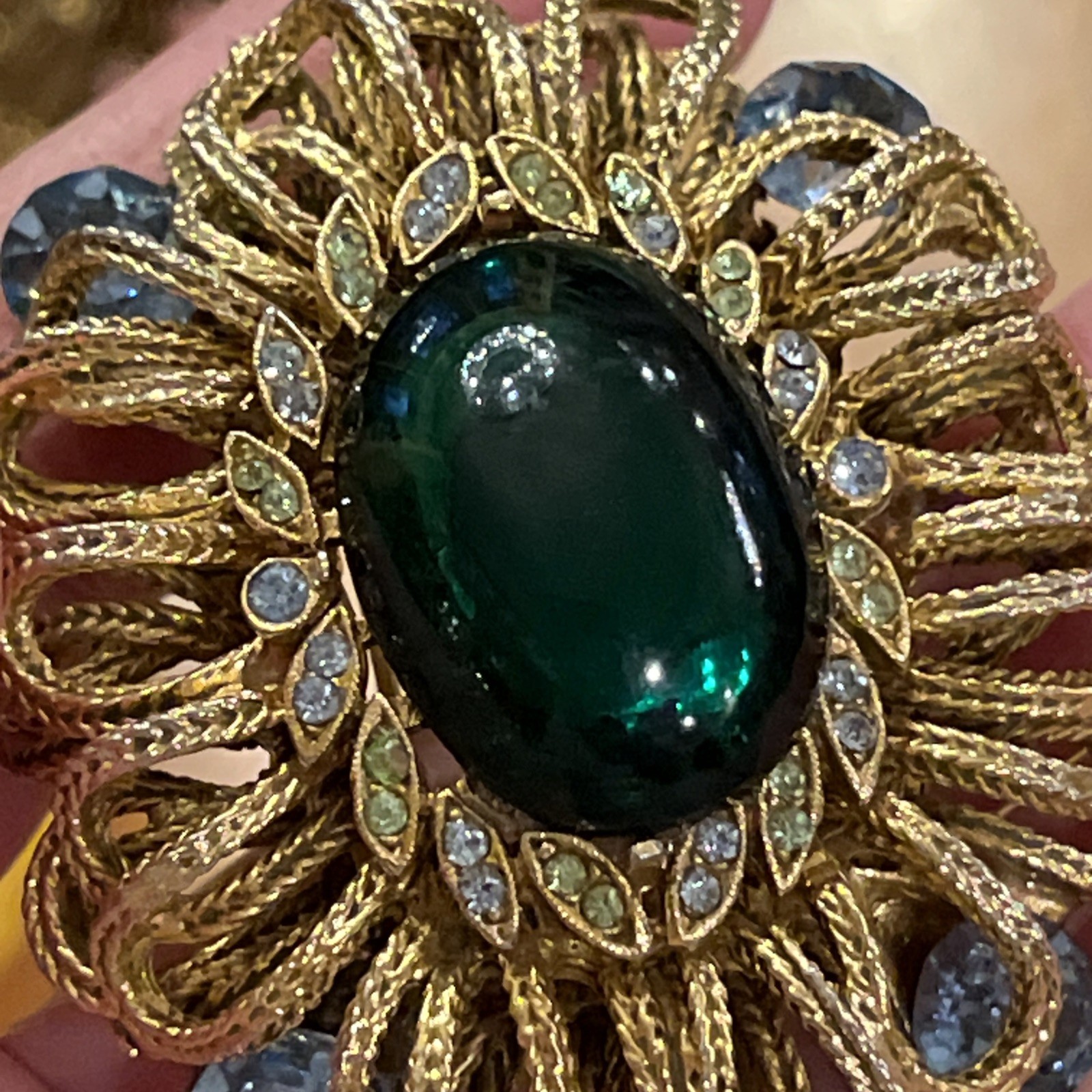 Vintage Capri Green Gripoix Glass Cabochon Blue Green Rhinestone Ornate Brooch