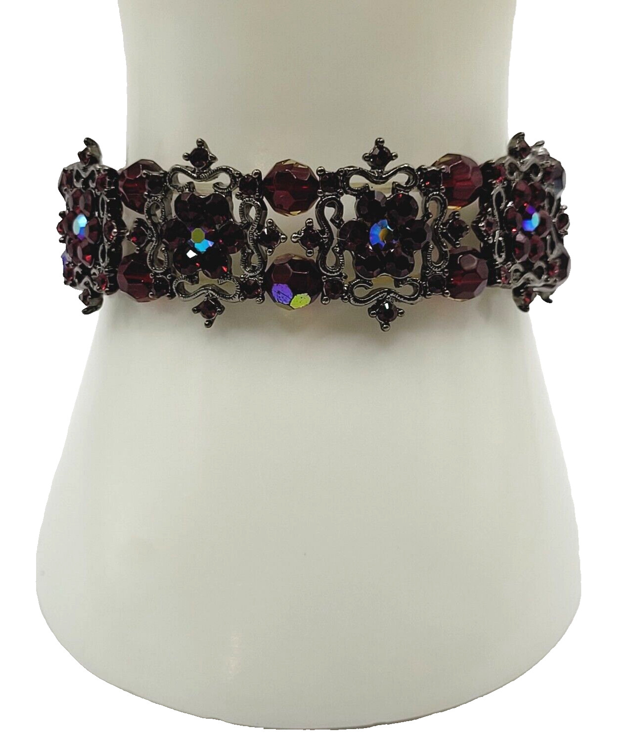 Red AB Crystal Sparkle Flower Floral Metal Ornate Fancy Event Stretch Bracelet