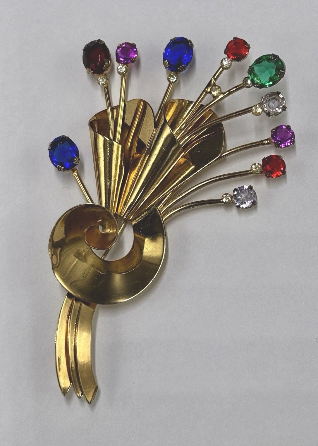 Coro Craft Adolph Katz Sterling Silver Vermeil Rhinestone Flower Spray Brooch