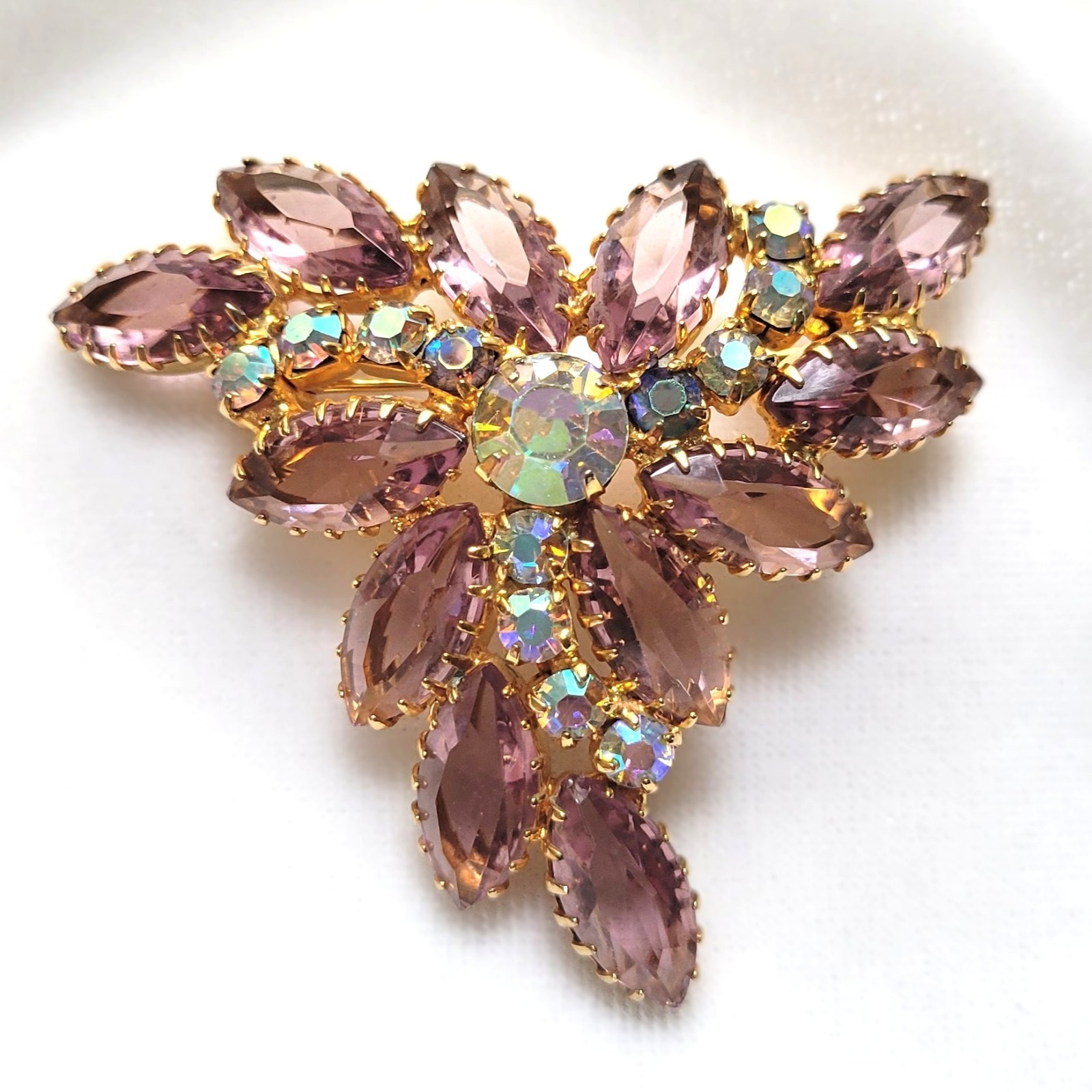 Vintage Lavender Navette Rhinestone Floral Spray Brooch AB Gold Tone 1960s