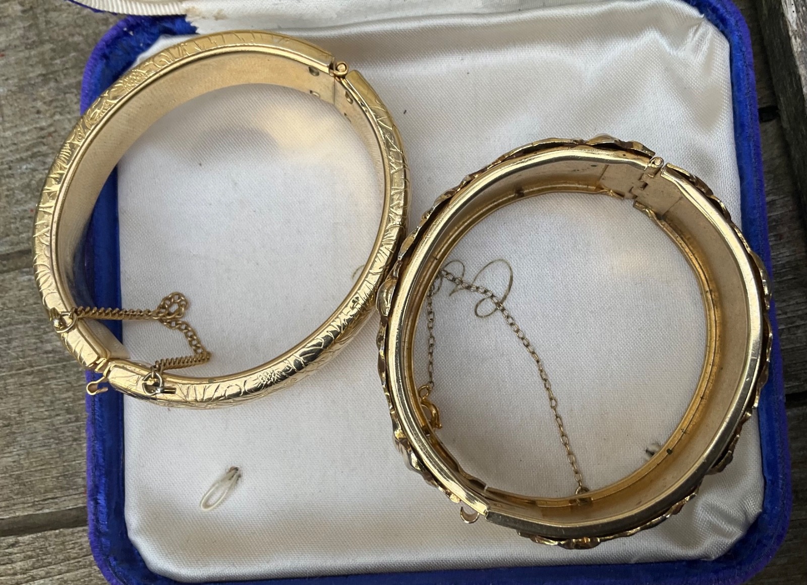 Vintage CUFF BANGLE BRACELETS Repousse Floral Nouveau Wide Gold Tone Finish