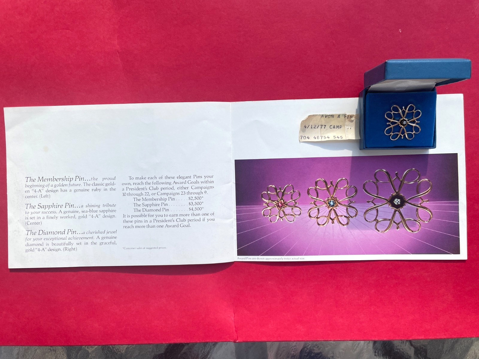 Vintage AVON 10K Yellow Gold Diamond & Onyx Award Pin/ Brooch w/ Box & Booklet
