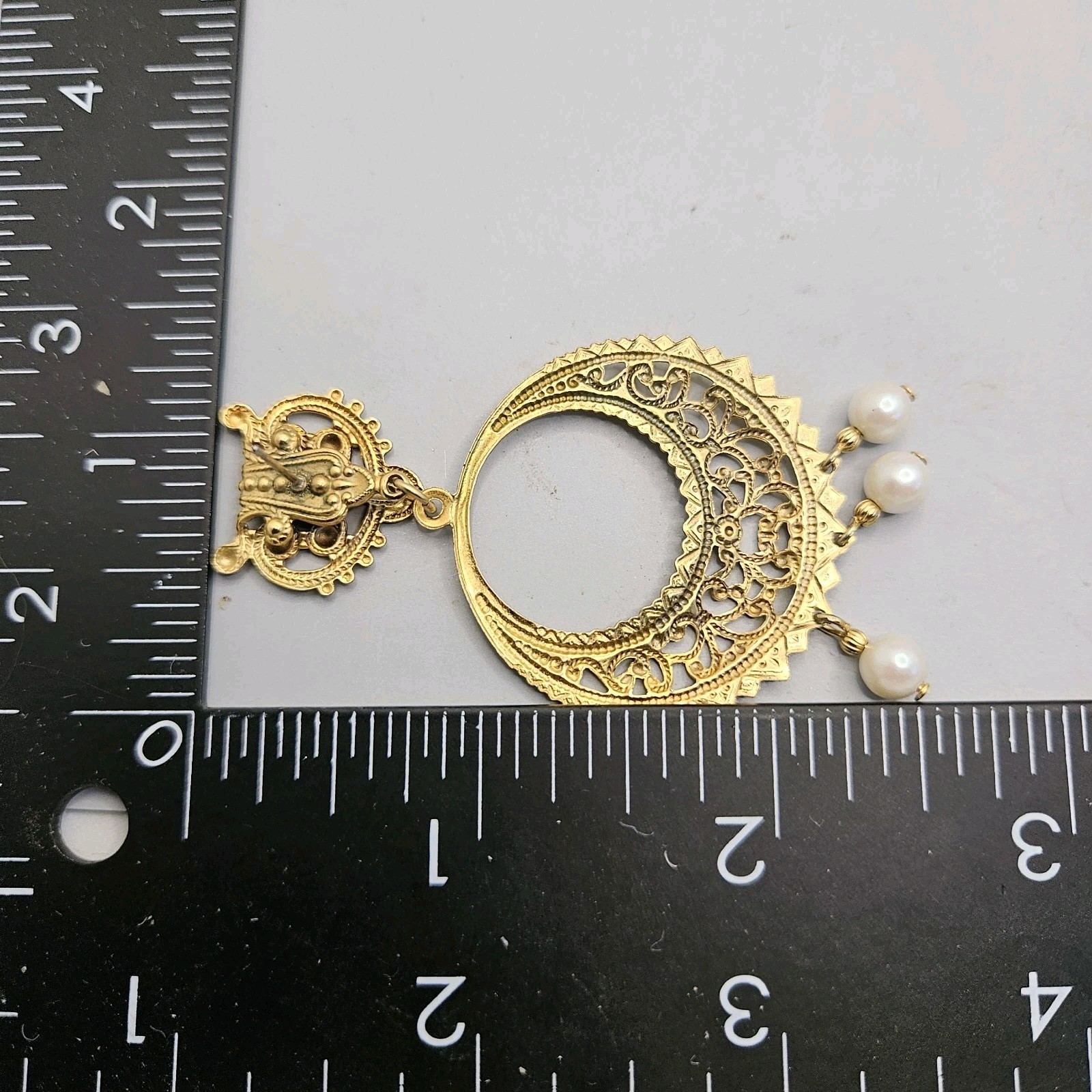 Vintage Gold Tone Earrings Filigree Hoop Faux Pearl Dangle Pierced Post Ornate