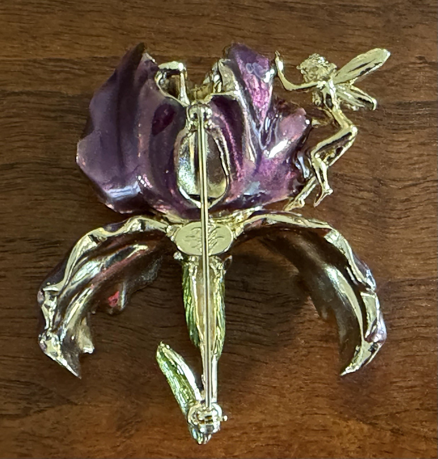 Vintage Large Kirks Folly Purple Enamel Orchid Brooch With Golden Fairy Signed