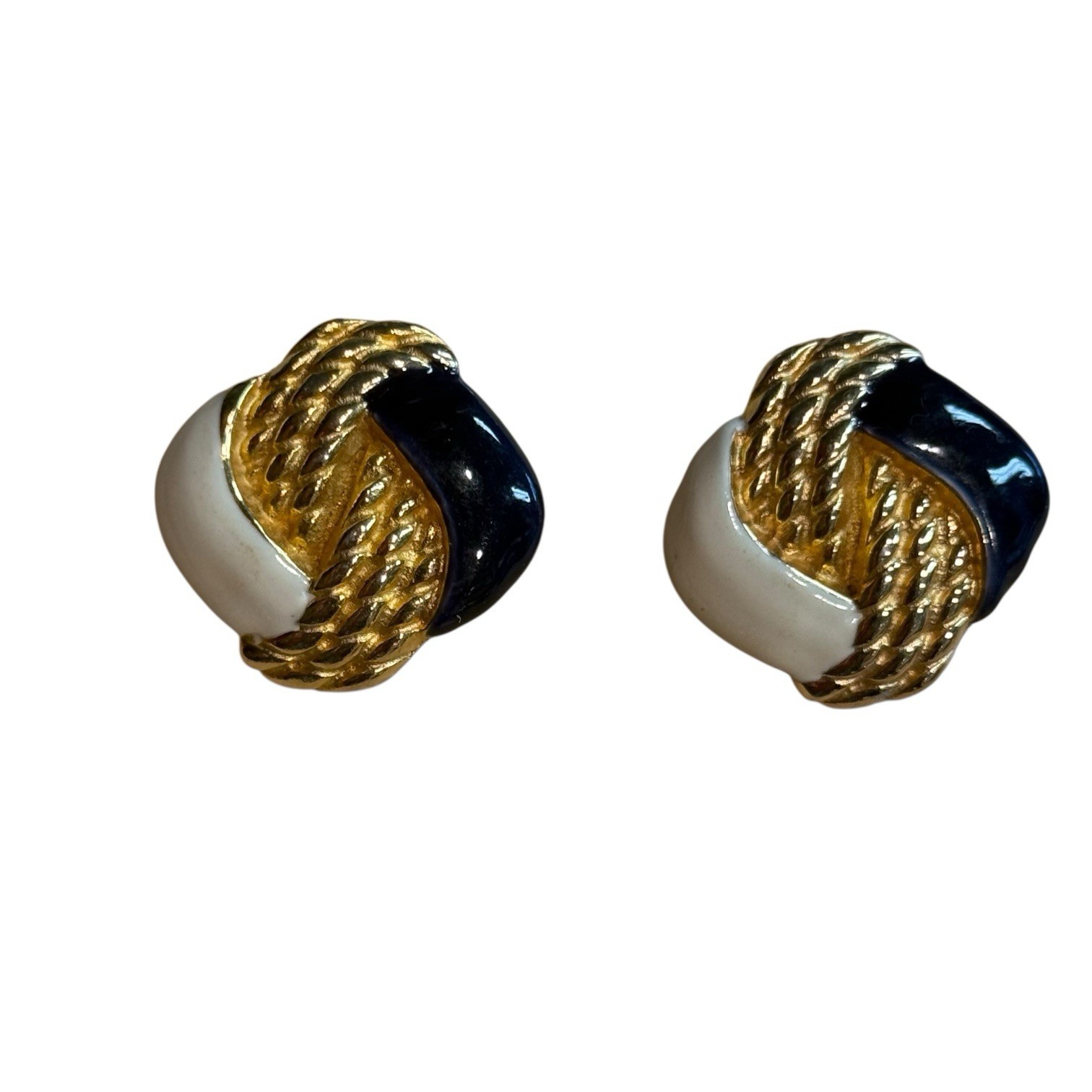 GAY BOYER Gold Tone & Navy Clip On Earrings Enamel Cream Navy 90s Fashion Retro