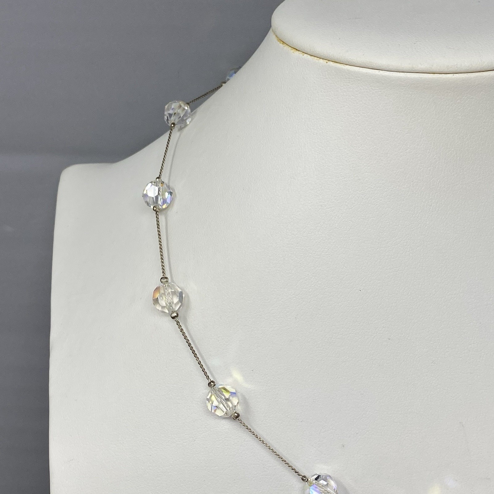 Aurora Borealis Crystal Bead Necklace Faceted Glass Silver Tone Chain Collar 18″
