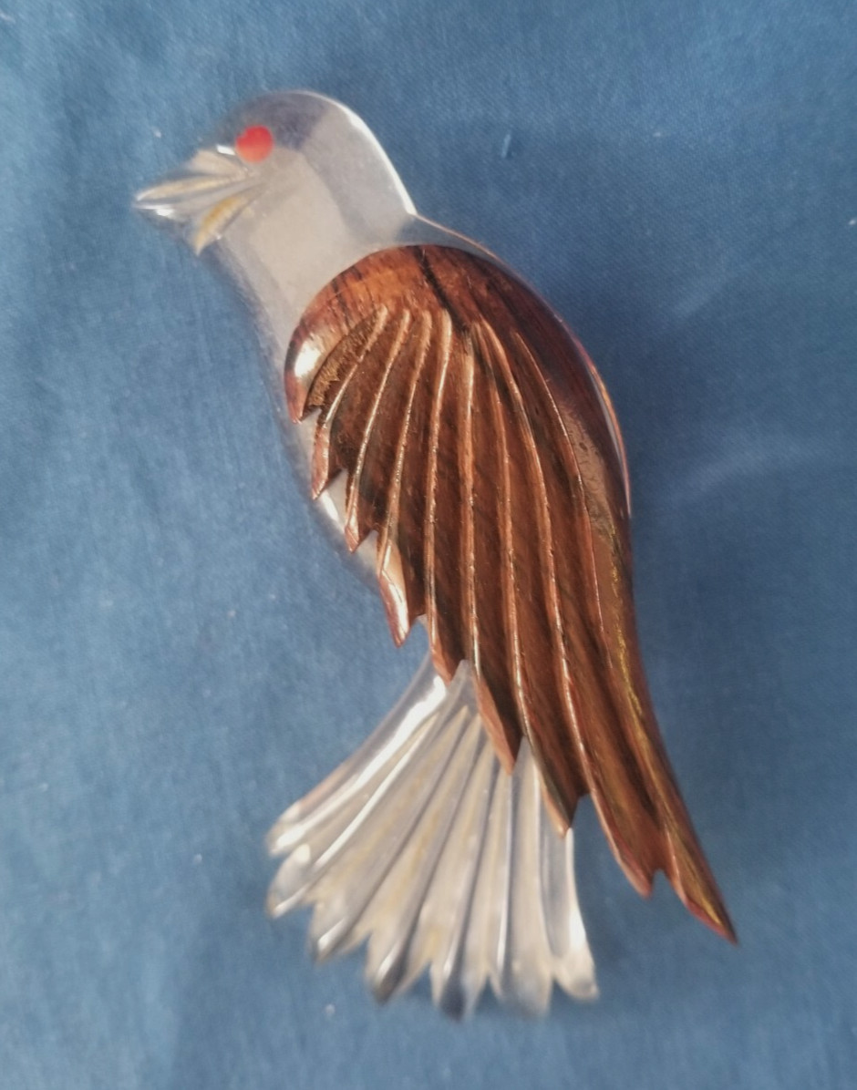 Vintage Lucite And Wood Carved Bird Pin Hawk Eagle 3 1/4″