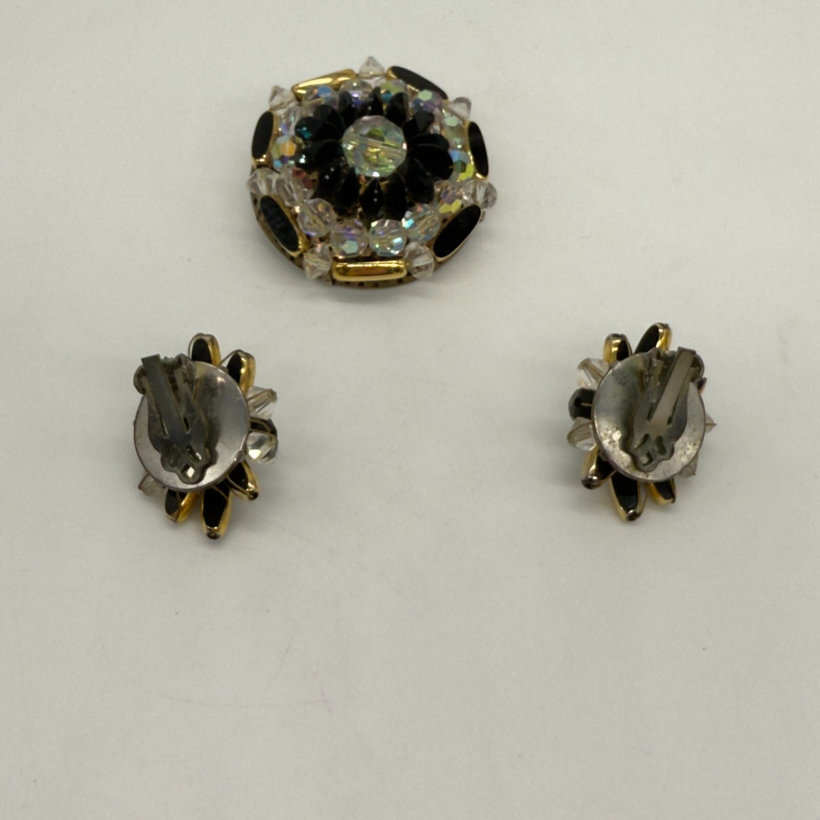 Vintage Brooch Earrings Black and AB Acrylic Beads Black Enamel