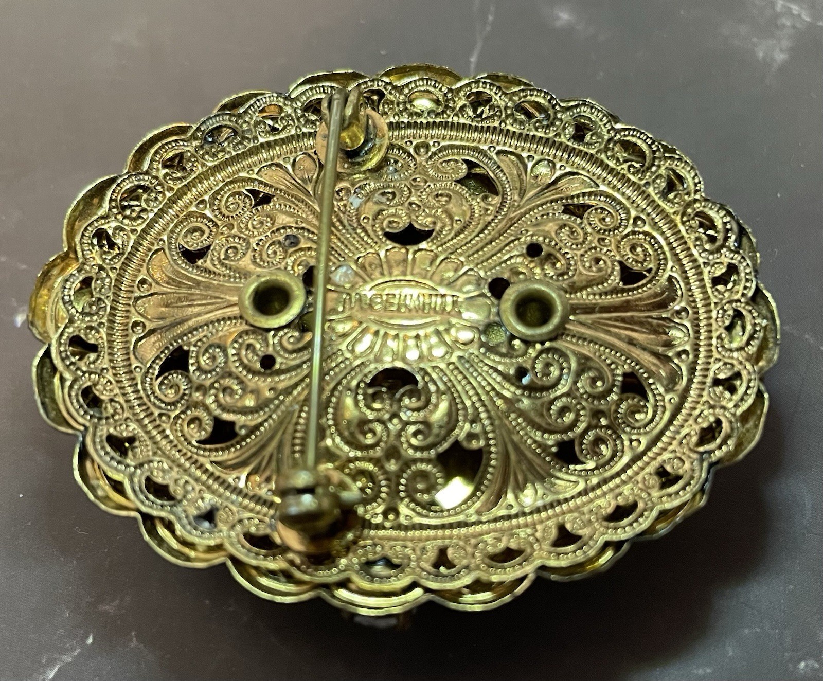 20th Century W German Gold Filigree Carved Glass Cameo Austrian Crystal Brooch