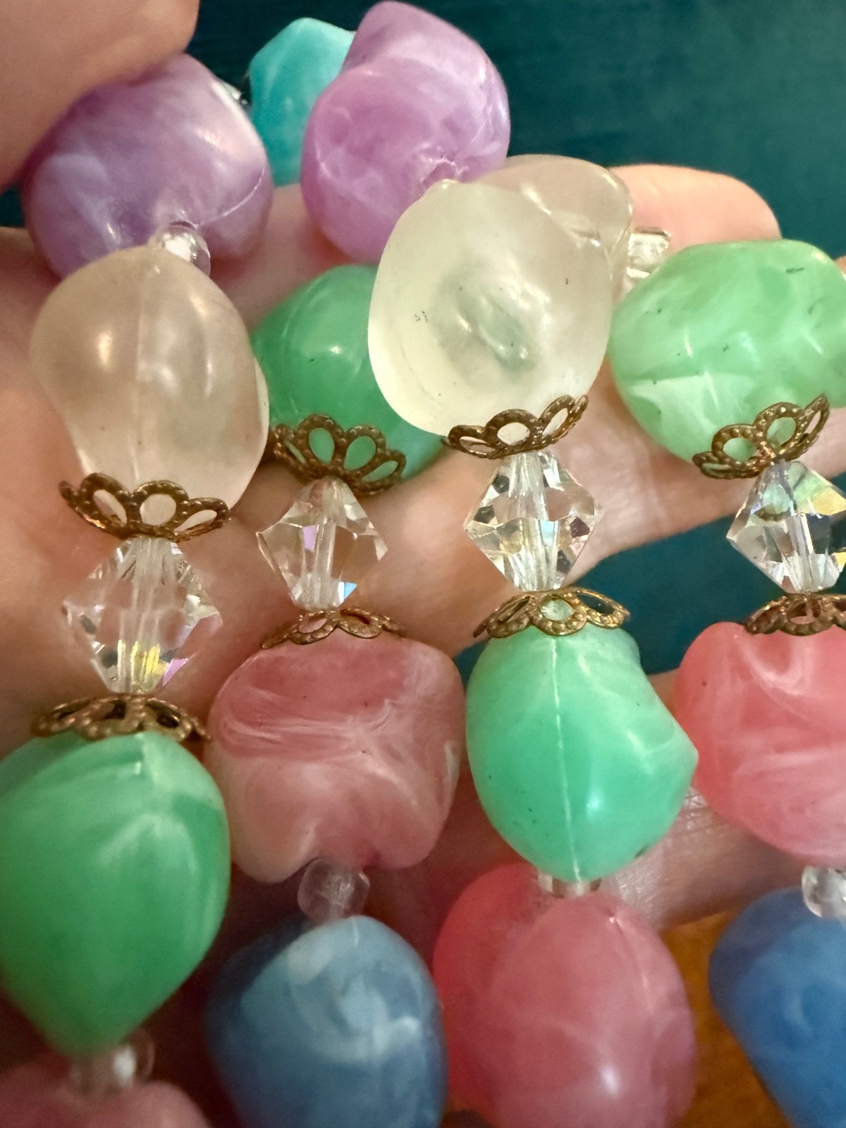 Vintage 2 strand chunky necklace statement acrylic and AB stones marbled Spring