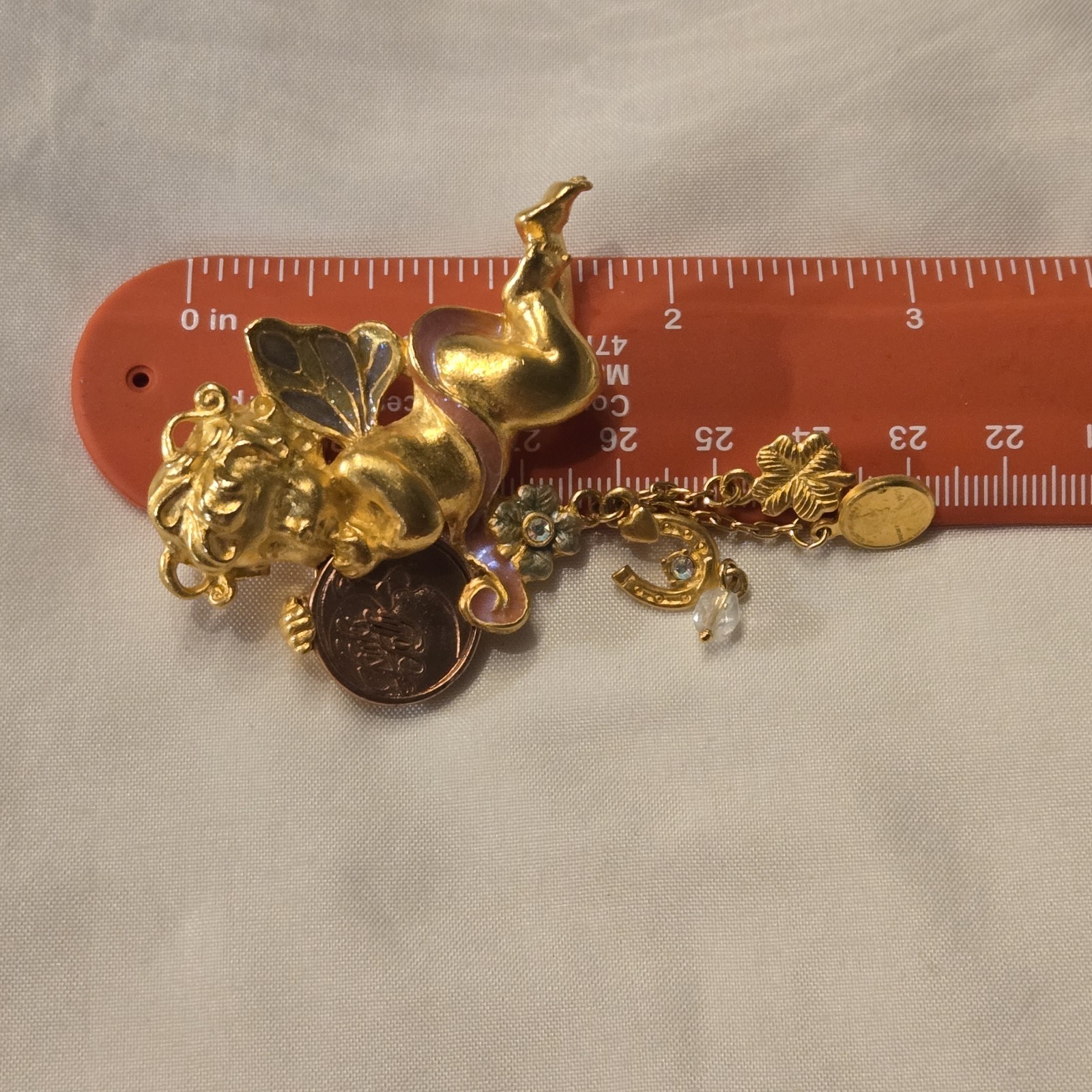 Vtg Kirks Folly Signed Lucky Penny Cherub Angel Rhinestone Gold Tone Brooch