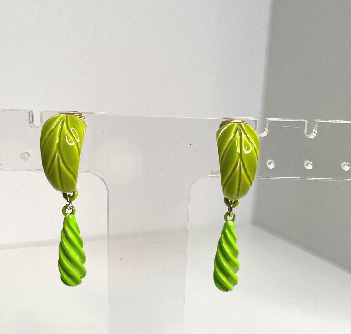 1960’s MCM Lime Green & Olive Enamel Drop Clip Earrings Vintage