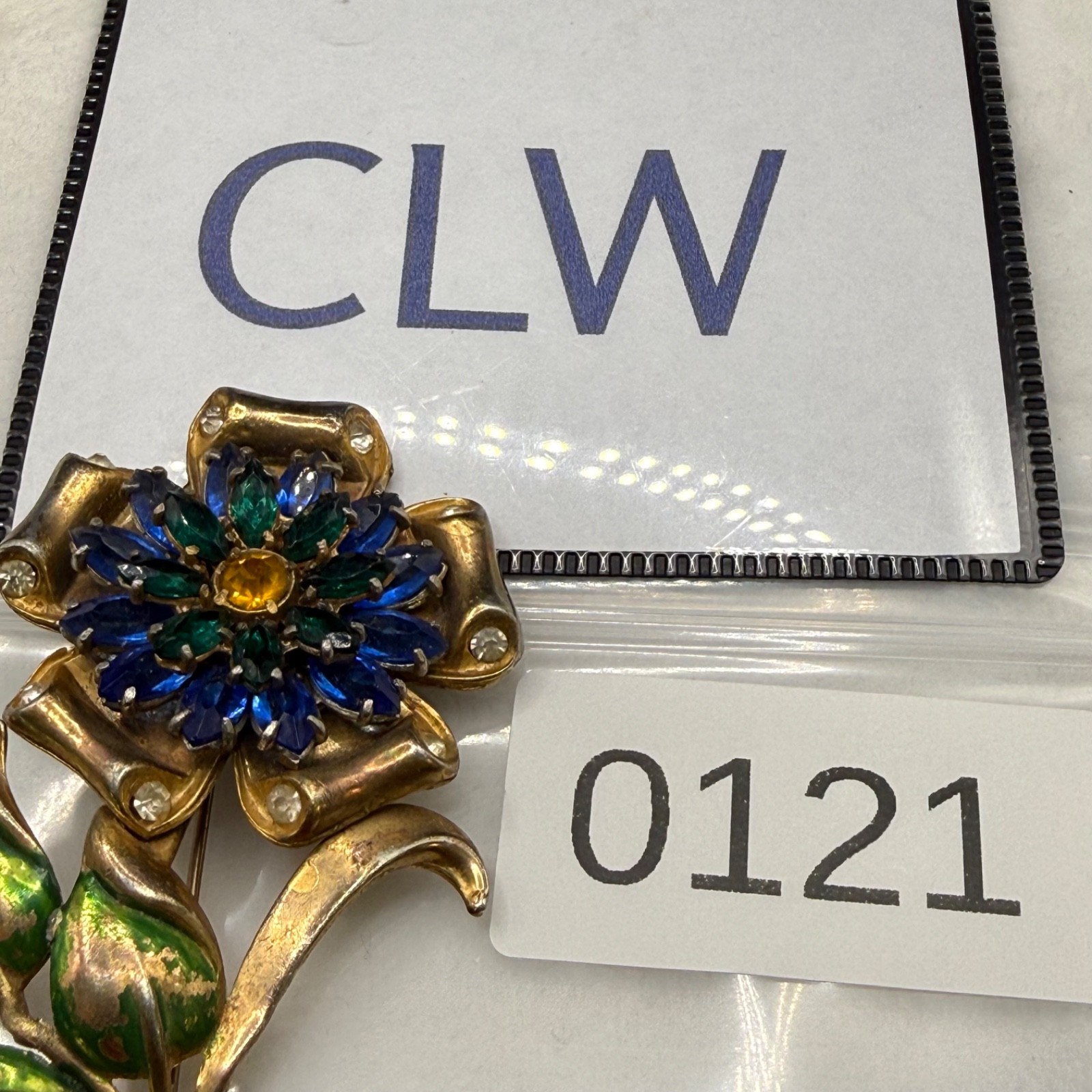 Vintage Pot Metal Brooch Rhinestone Blue Green Flower Gold Tone Enamel READ