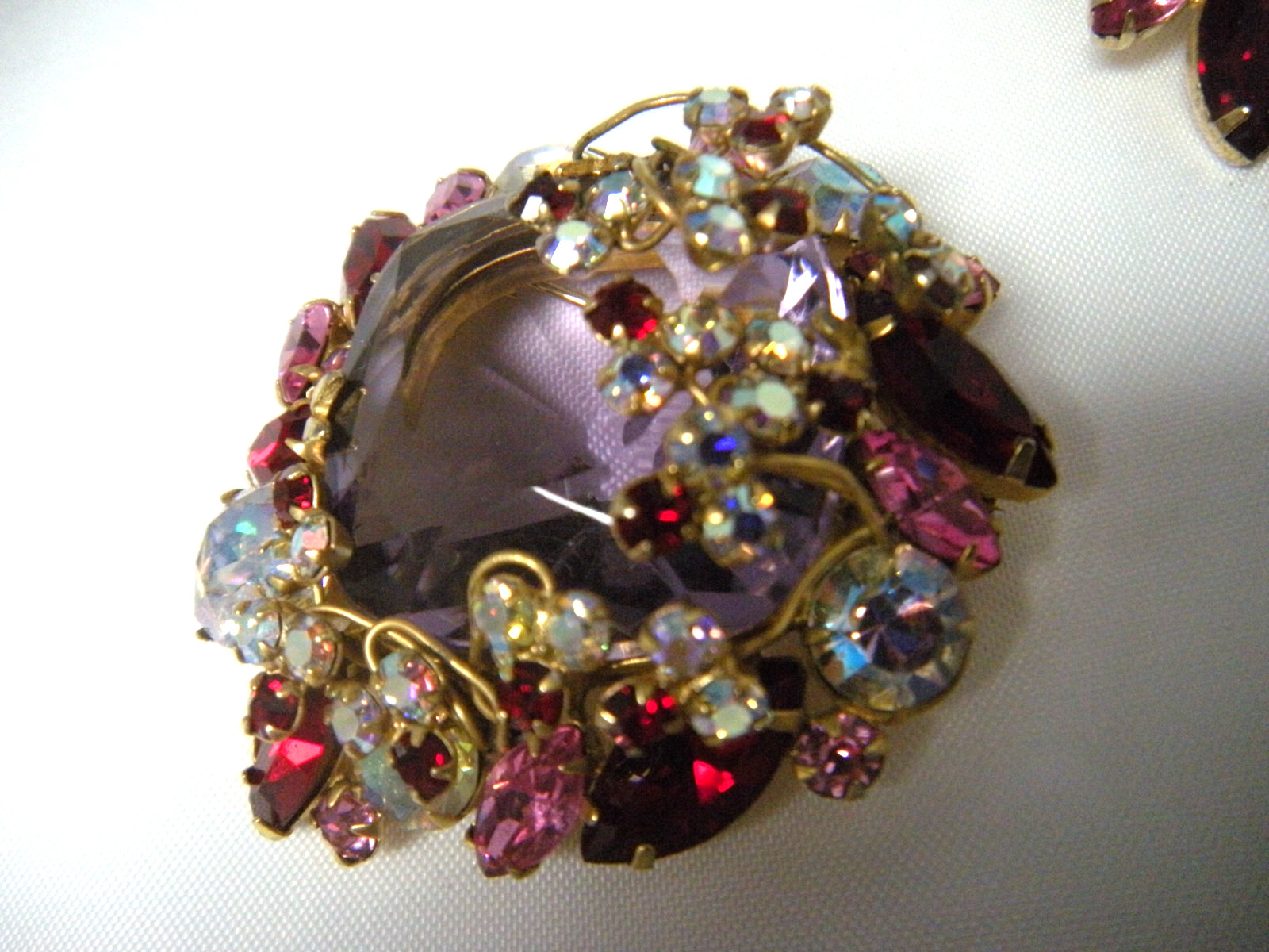 JULIANA Purple Pink Red Rhinestone Vintage Brooch Earring Set