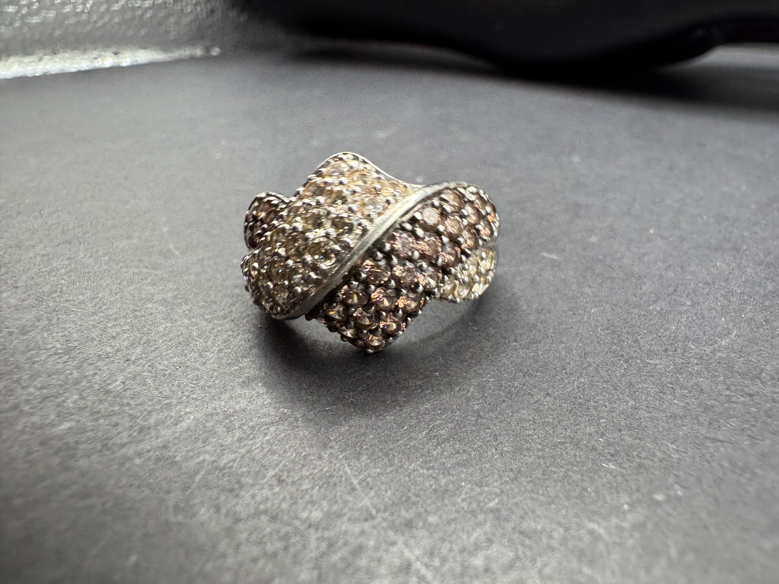 Vintage White & Brown Diamond Sterling Silver 925 Signed Twisted Ring Sz 8