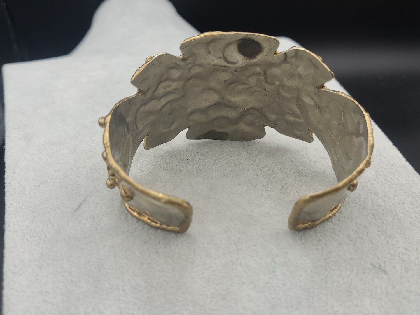 Vtg Mixed Metals Silver Tone Brass Copper Natural Stone Brutalist Cuff Bracelet