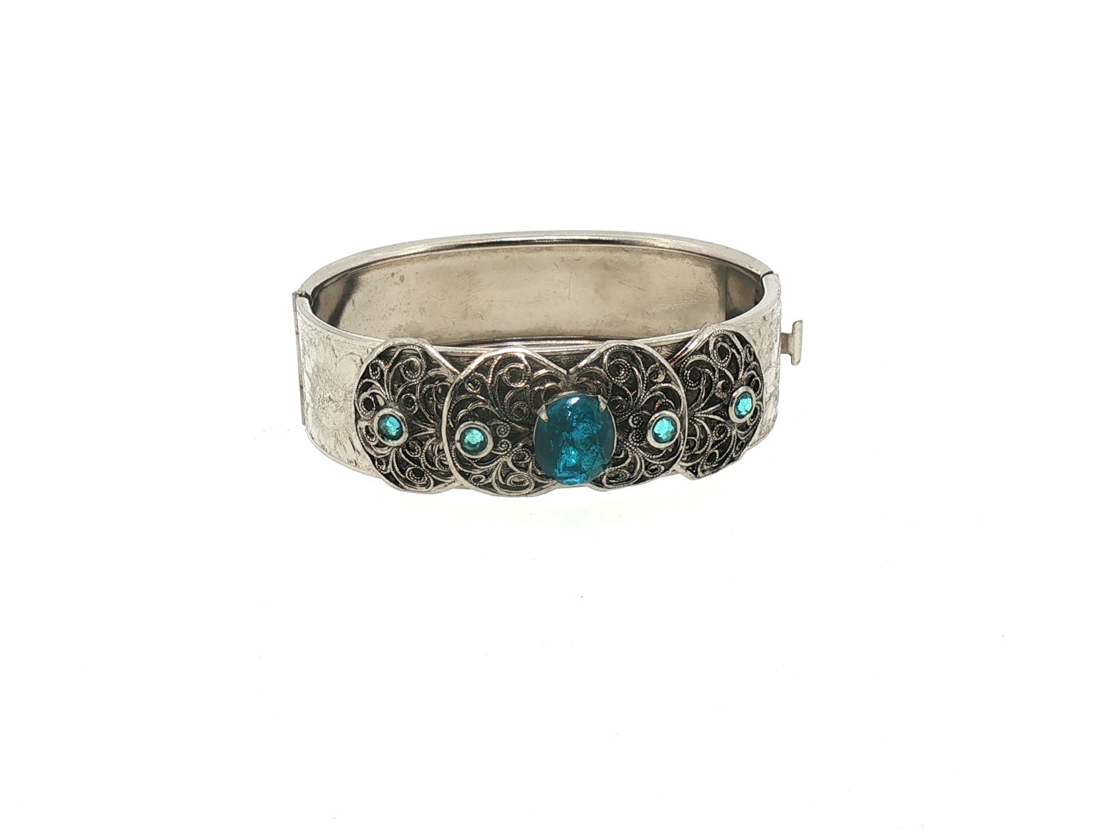 Vintage Art Deco Filigree Cuff Bracelet Silver Tone Blue Stones Openwork