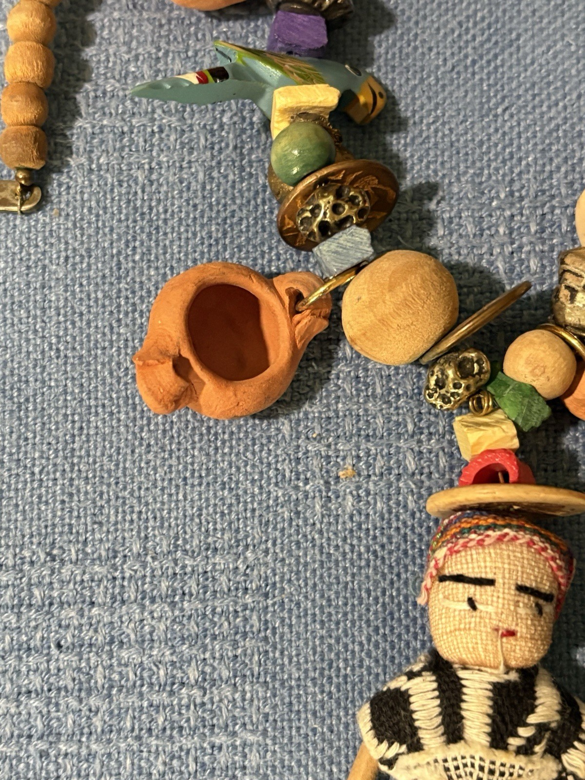 VTG Handmade Worry Doll Clay Pots Wood Metal NECKLACE Guatemala