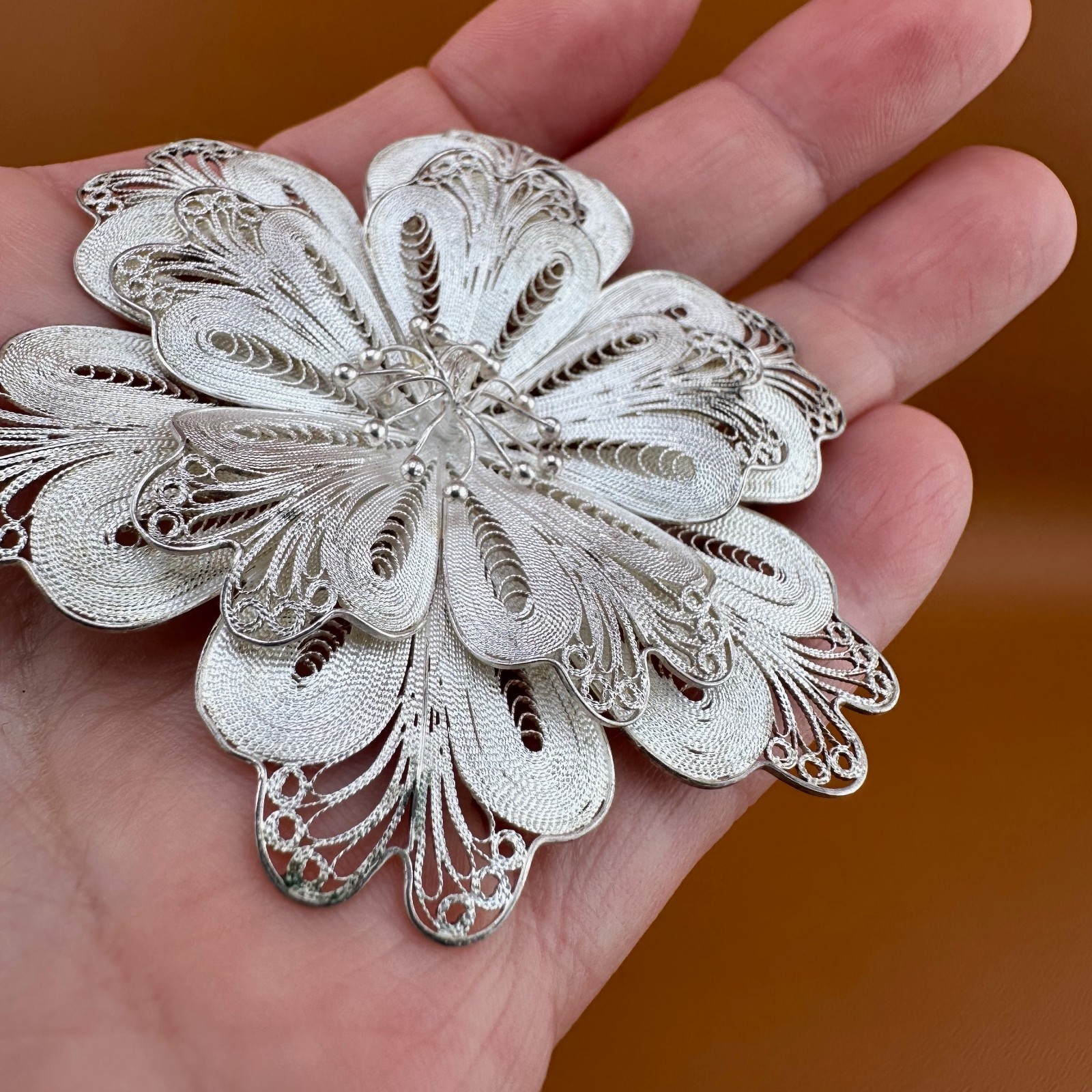Vintage Sterling Silver Flower Brooch Pin Cannetille Filigree Floral 925 Signed