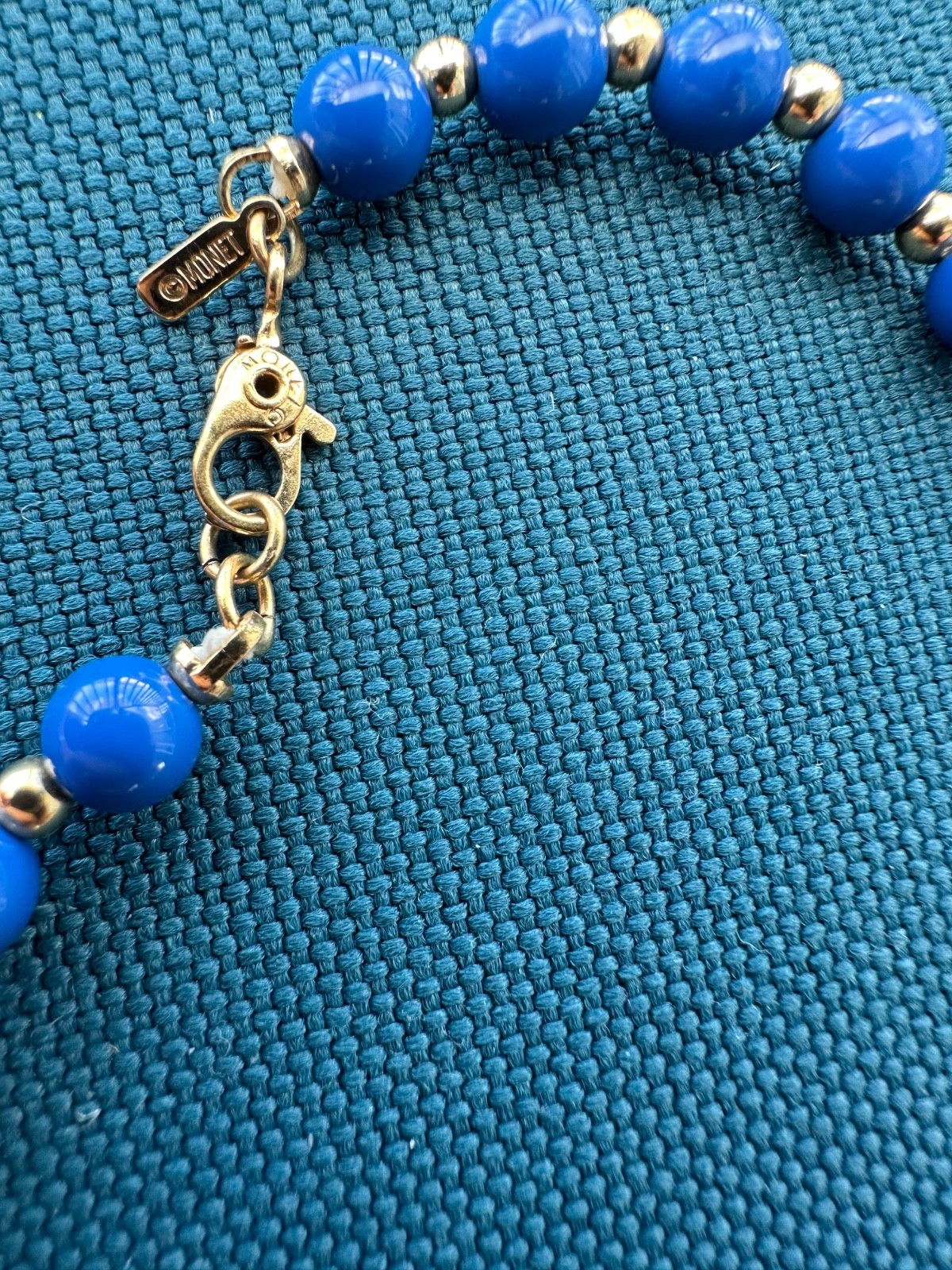 VINTAGE MONET Blue Beads w/Gold Spacer Beads 16″ NECKLACE