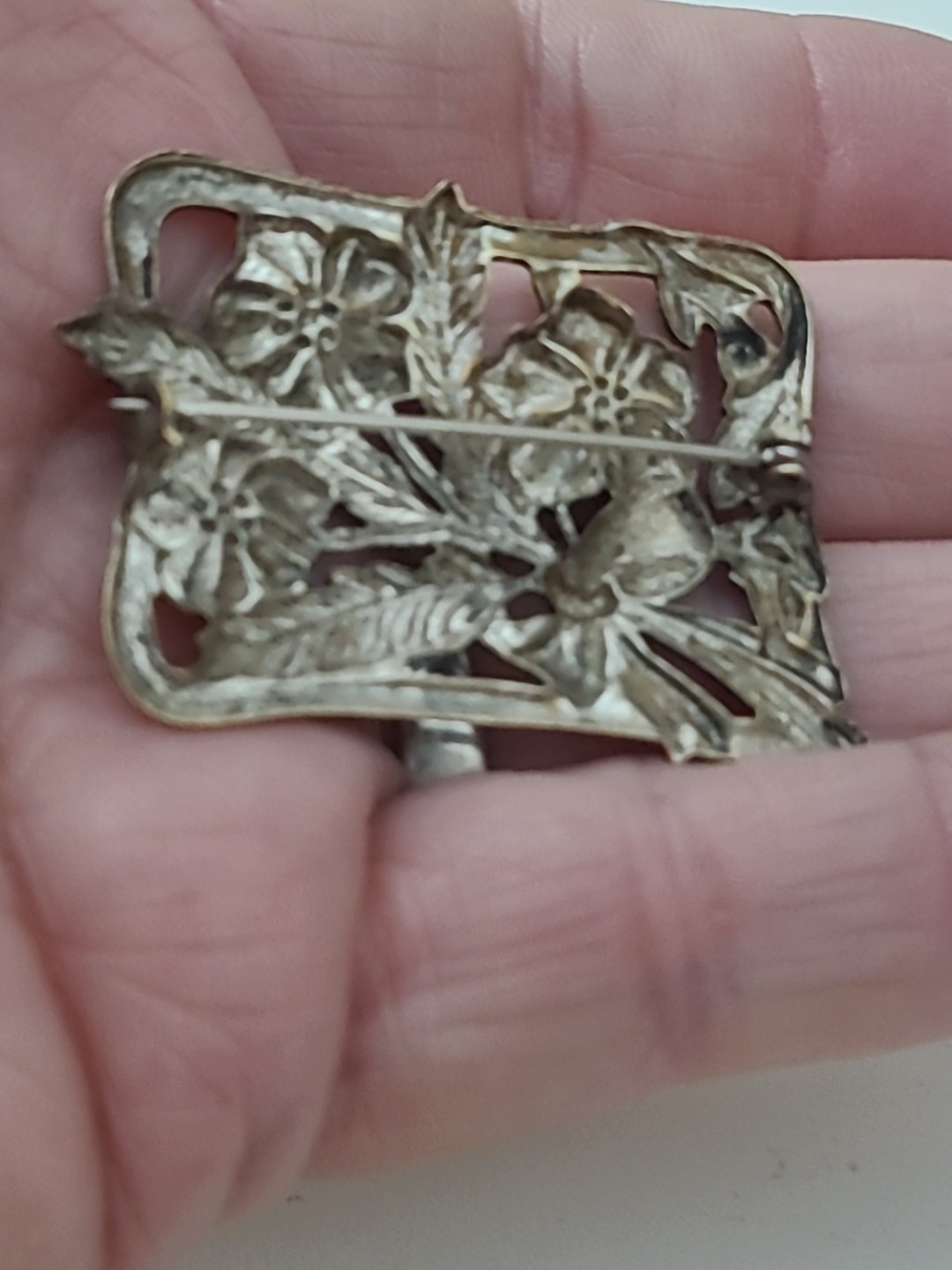 Vintage Silver Plate 2″ Pin Brooch Flowers Bouquet w Bow 1940s Jewelry Victorian