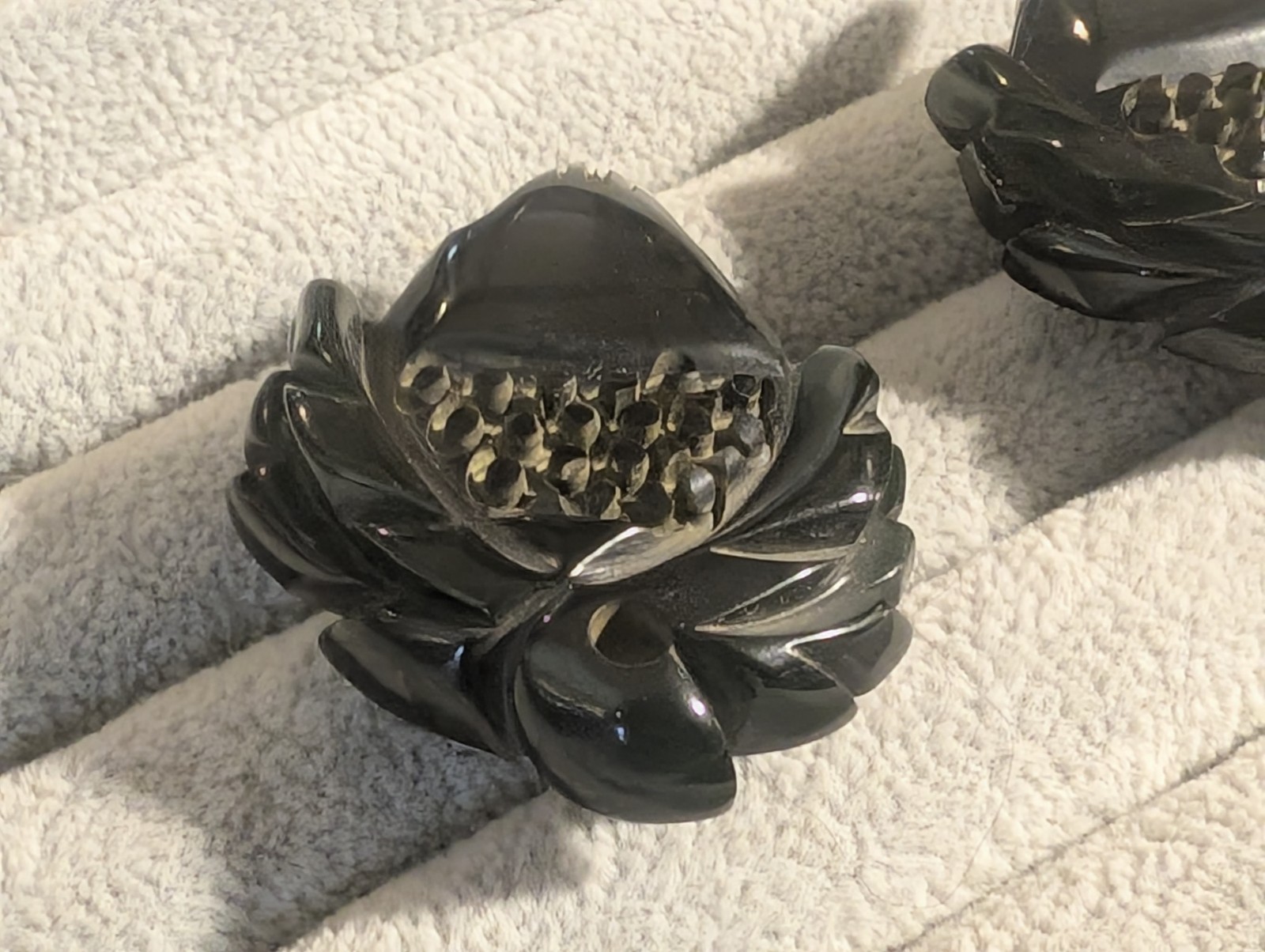 Lot Of 3 vintage bakelite carved pierced large pin & clip set. Acorns Dark Green