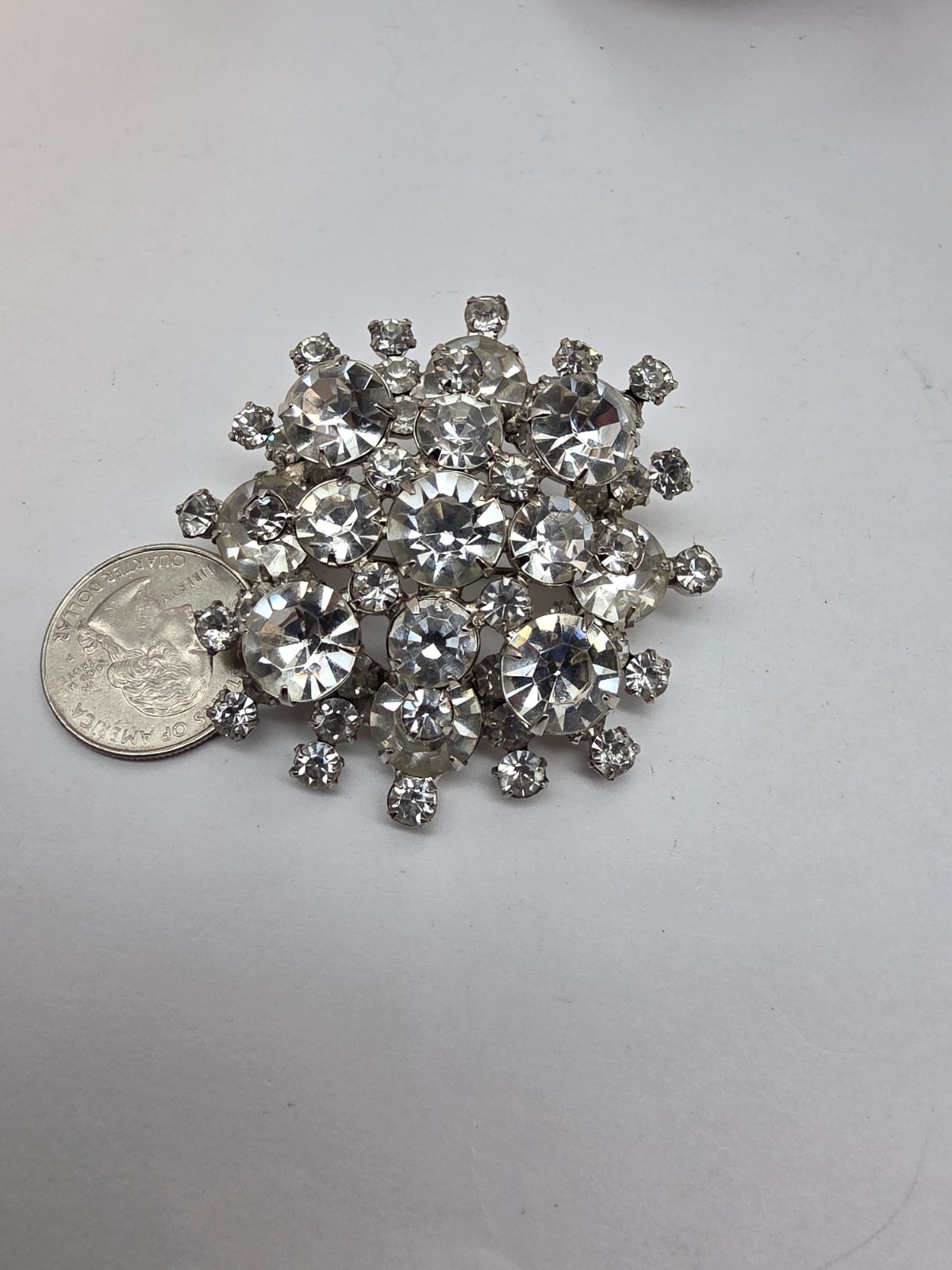 Amazing Large Clear Prong Set Layered Silver Tone Metal Snowflake Brooch Vintage