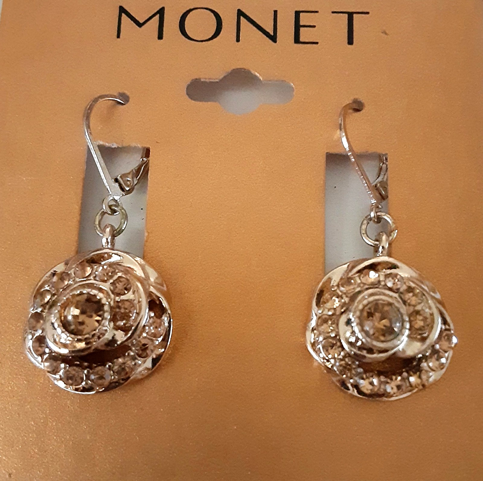 Lot of 3 Monet Earrings Gold-tone & champagne rhinestones (leverback & post)