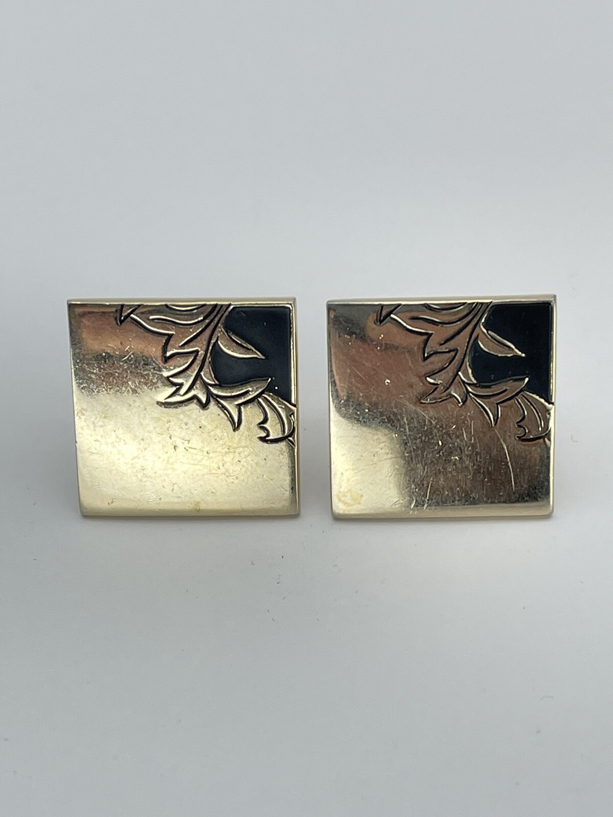 Vintage Swank square mens cufflinks raised etched leaf motif with black enamel