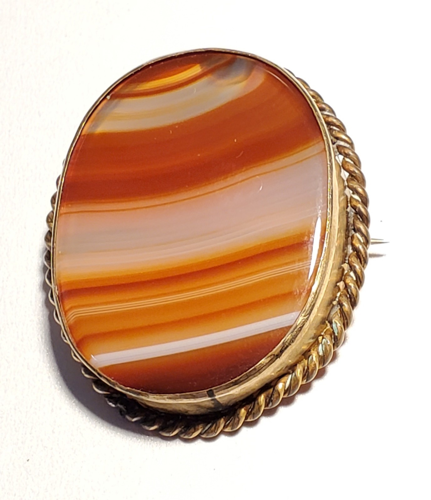 Antique Victorian Pendant / Brooch Banded Agate Twisted Rope Design Gold Filled
