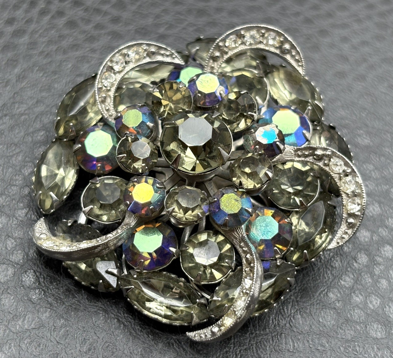 Vintage 2” Silver Tone Prong Set Smokey AB Rhinestone Cluster Statement Brooch