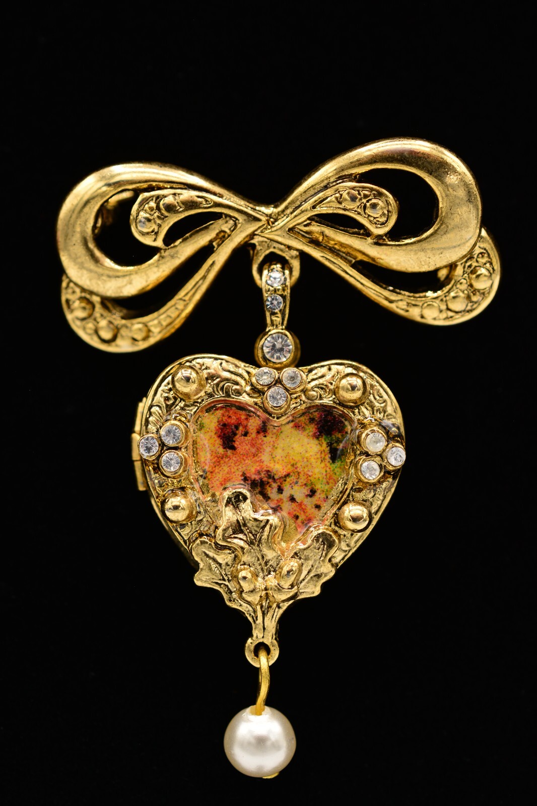 Vintage Heart Locket Pin Brooch Dangle Bow Enamel Cherub Angel Gold 1980s BinA12