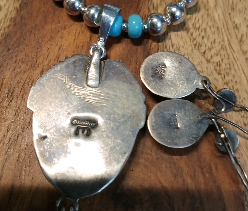 NAVAJO ELLA COWBOY TURQUOISE STERLING SILVER FEATHER NECKLACE EARRINGS 39.5 Gr
