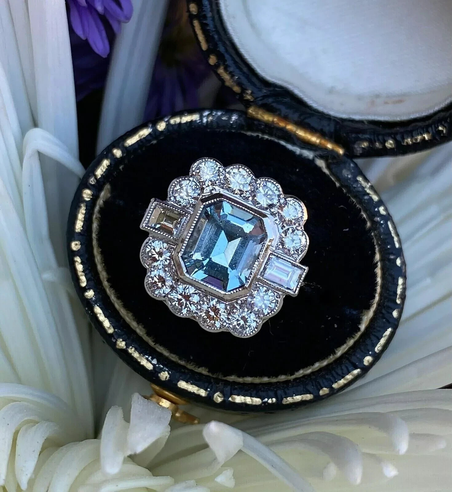 3.5Ct Art Deco Style Aquamarine Lab Created Diamond Engagement 14K White Gold FN
