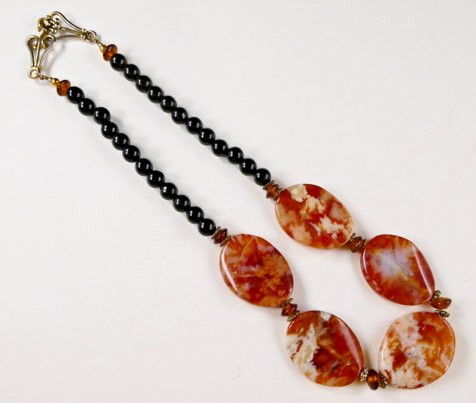Brown Marbled Agate Stone Necklace Earthtones Black Beads 19″ Length