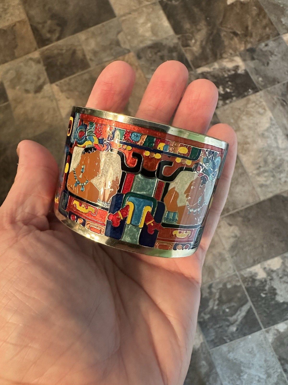 Fernandez Rodriguez Artisan Enamel Cuff Bracelet Vintage, Mayan Mexico