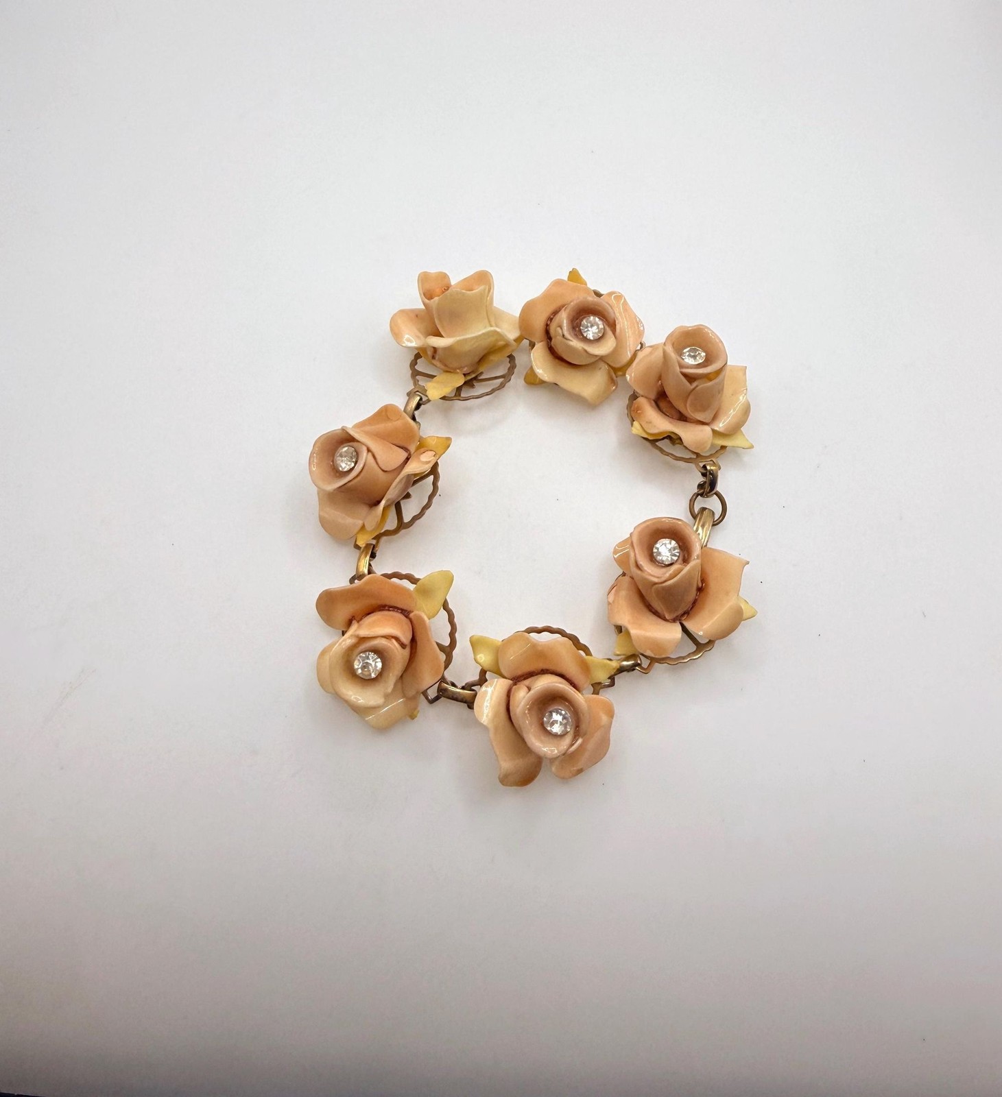 Vintage muted pink celluloid rose rhinestone bracelet