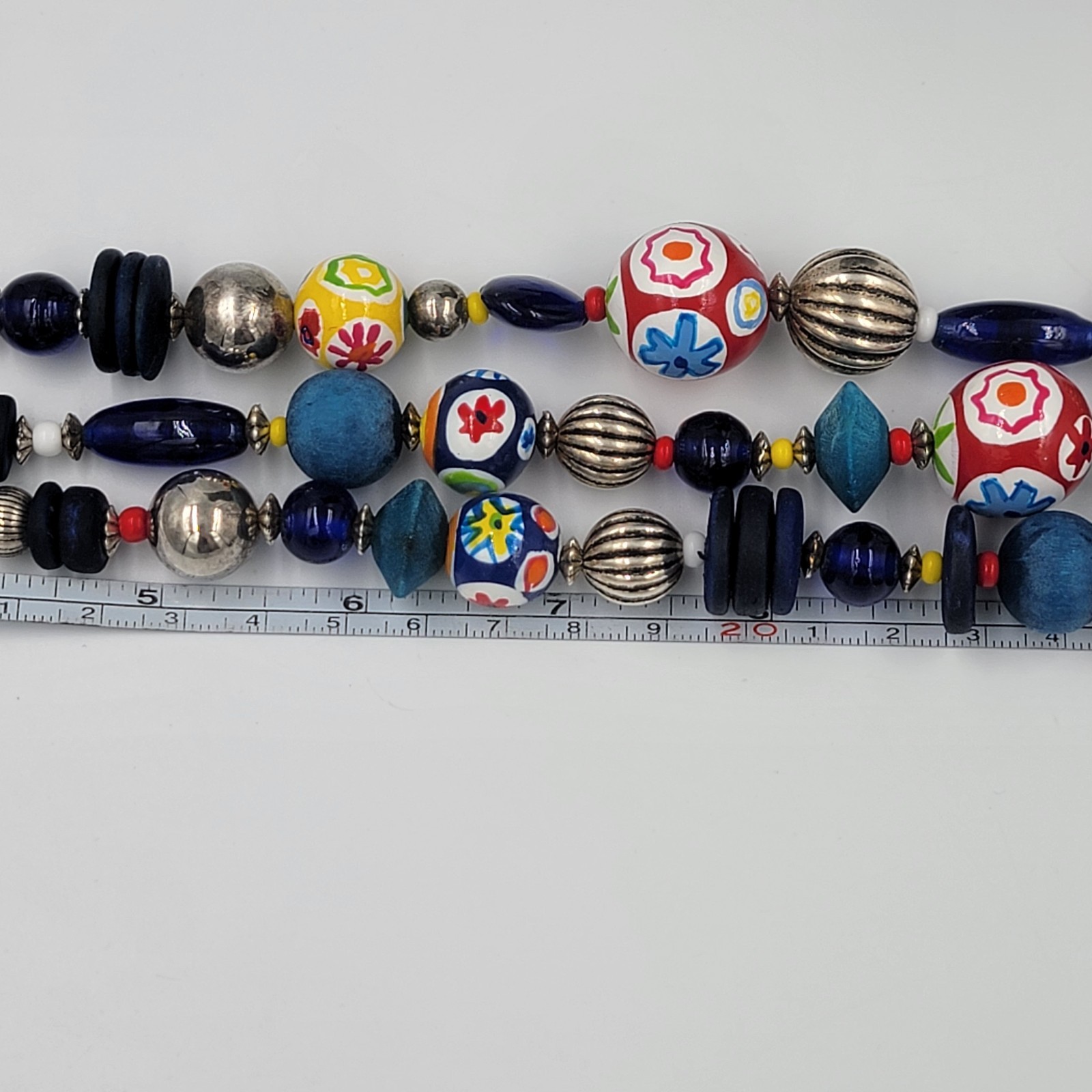 Vtg 80s Boho Multi-Strand Wood Ceramic Beaded Necklace Chunky Blu Red Yel Tribal