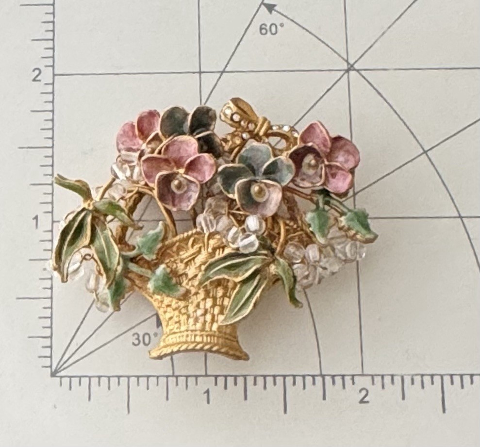 Vintage basket of pansies enamel on gold tone metal Brooch Pin