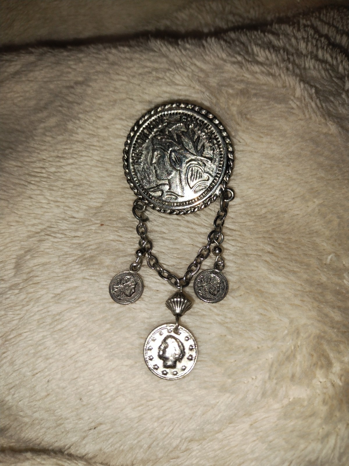 Vintage Simulated French Coins Dangle Brooch 3″