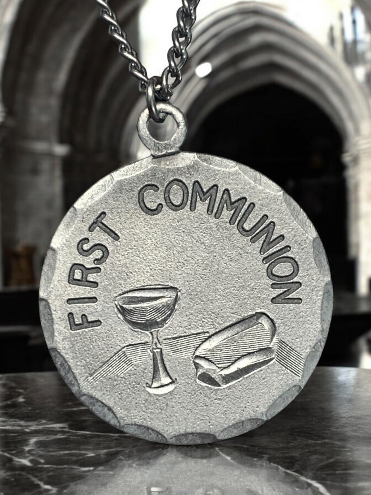 Vintage Pewter BDA First Holy Communion Hand Engraved Pendant Necklace 18”