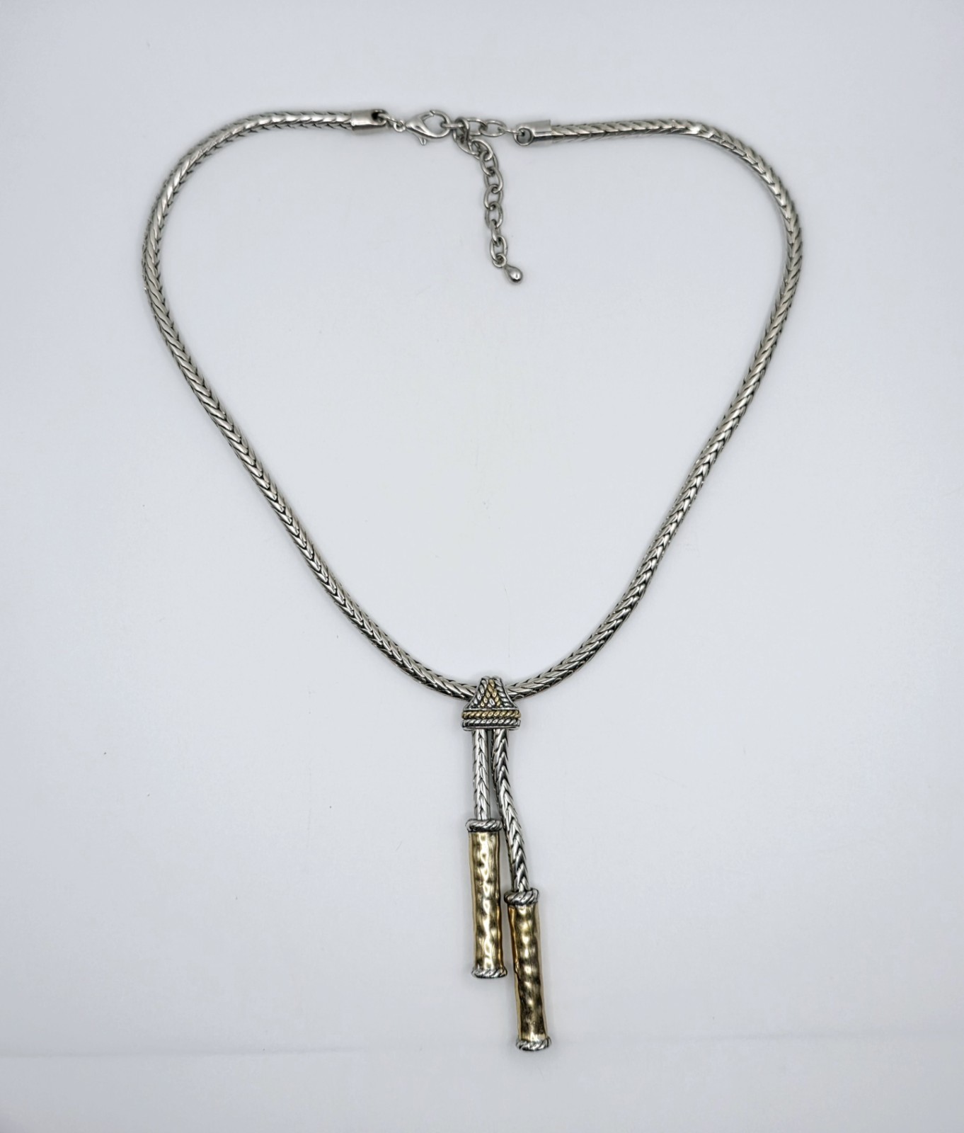 Vintage Two Tone Lariat Tassel Necklace Silver Gold Woven Snake Chain Y Collar