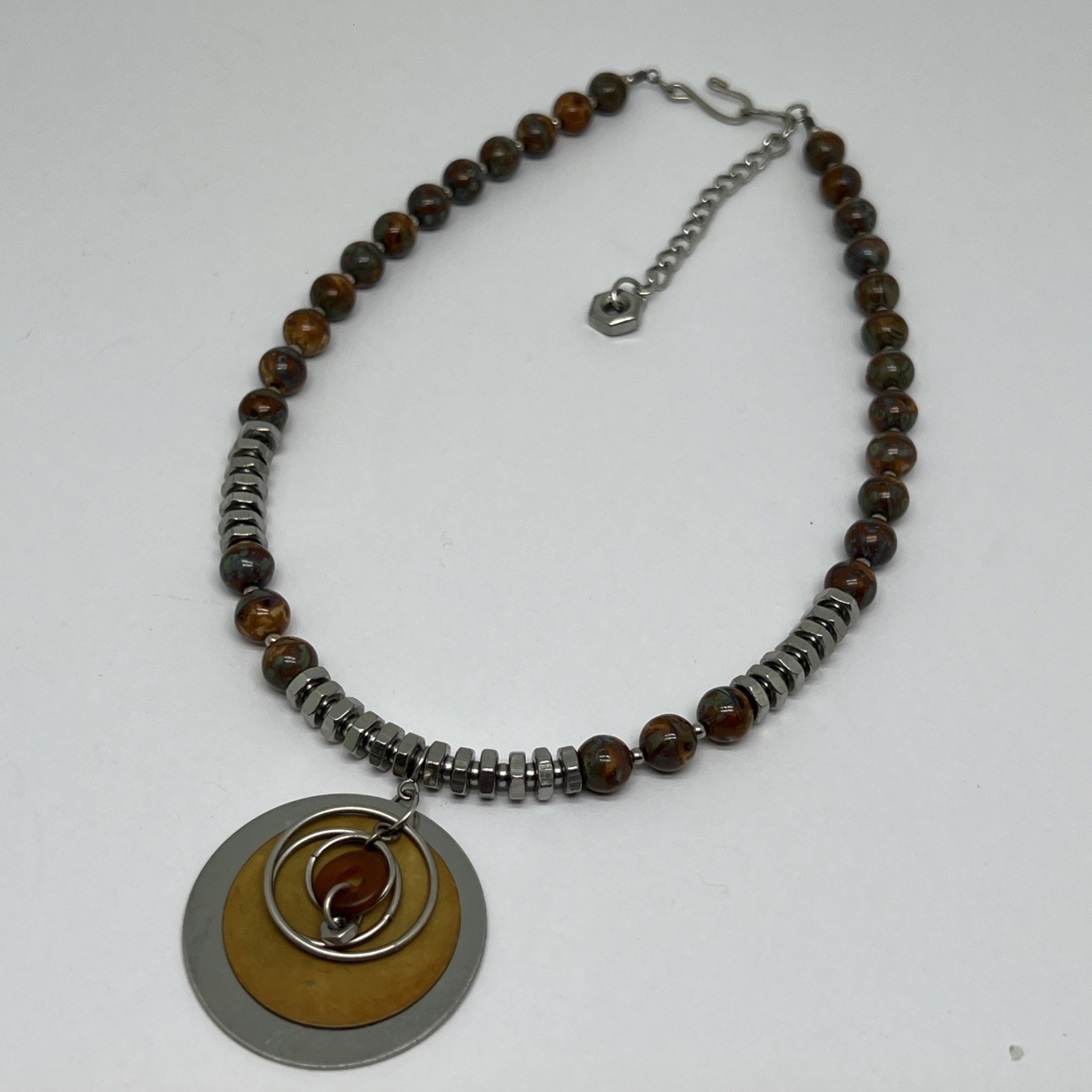 Vintage Modernist Geometric Disk Pendant Necklace Industrial Metal Resin Bead