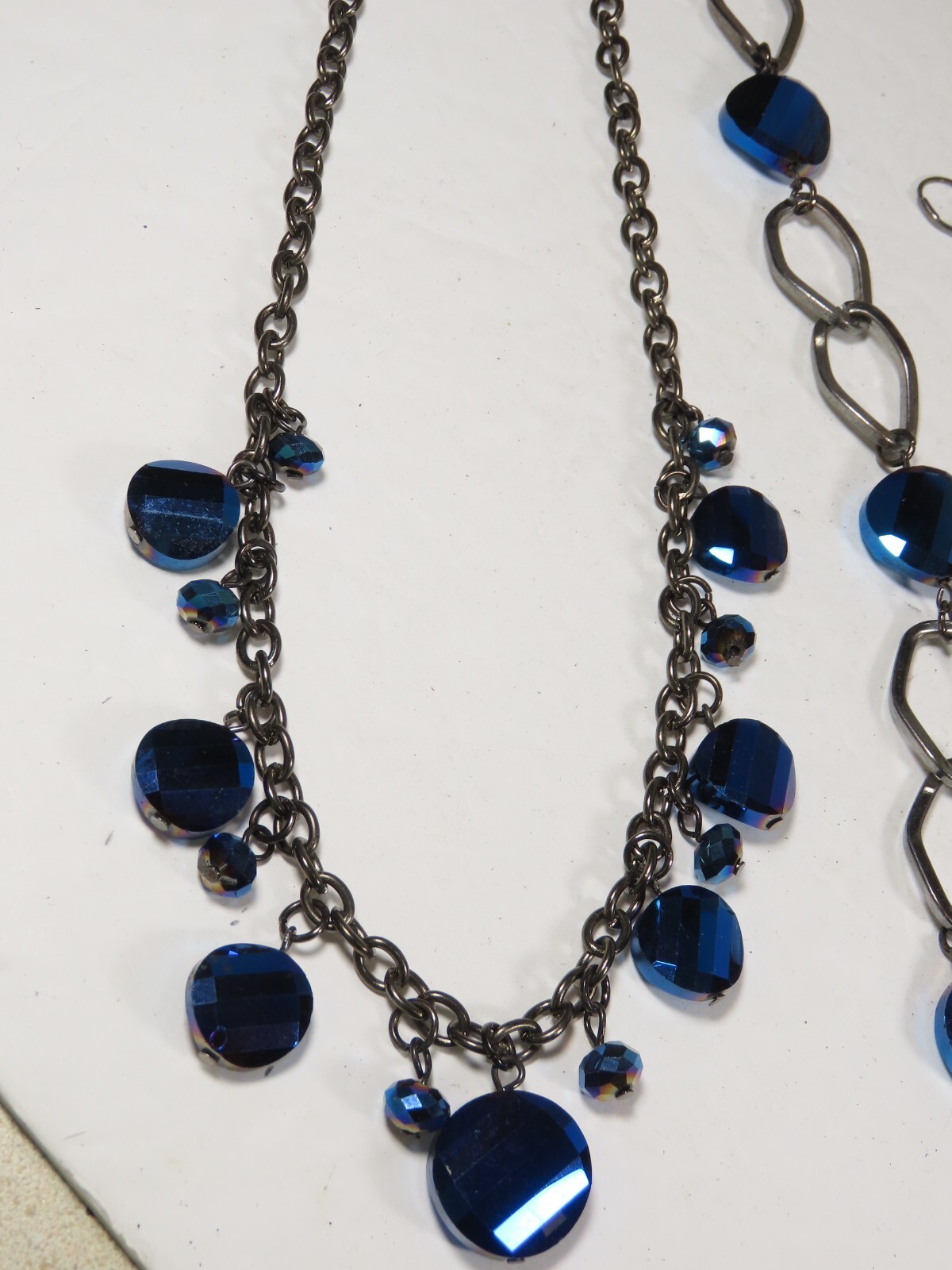 Vintage Blue Beaded Glass Faceted Crystal Necklaces Earrings Set Pierced C4802