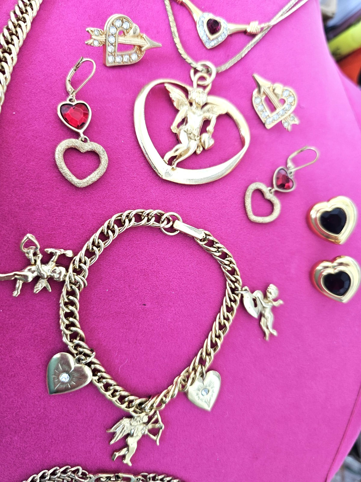 Signed Monet Red Heart Necklace Vintage Gold Tone Rhinestone Jewelry Lot Earring