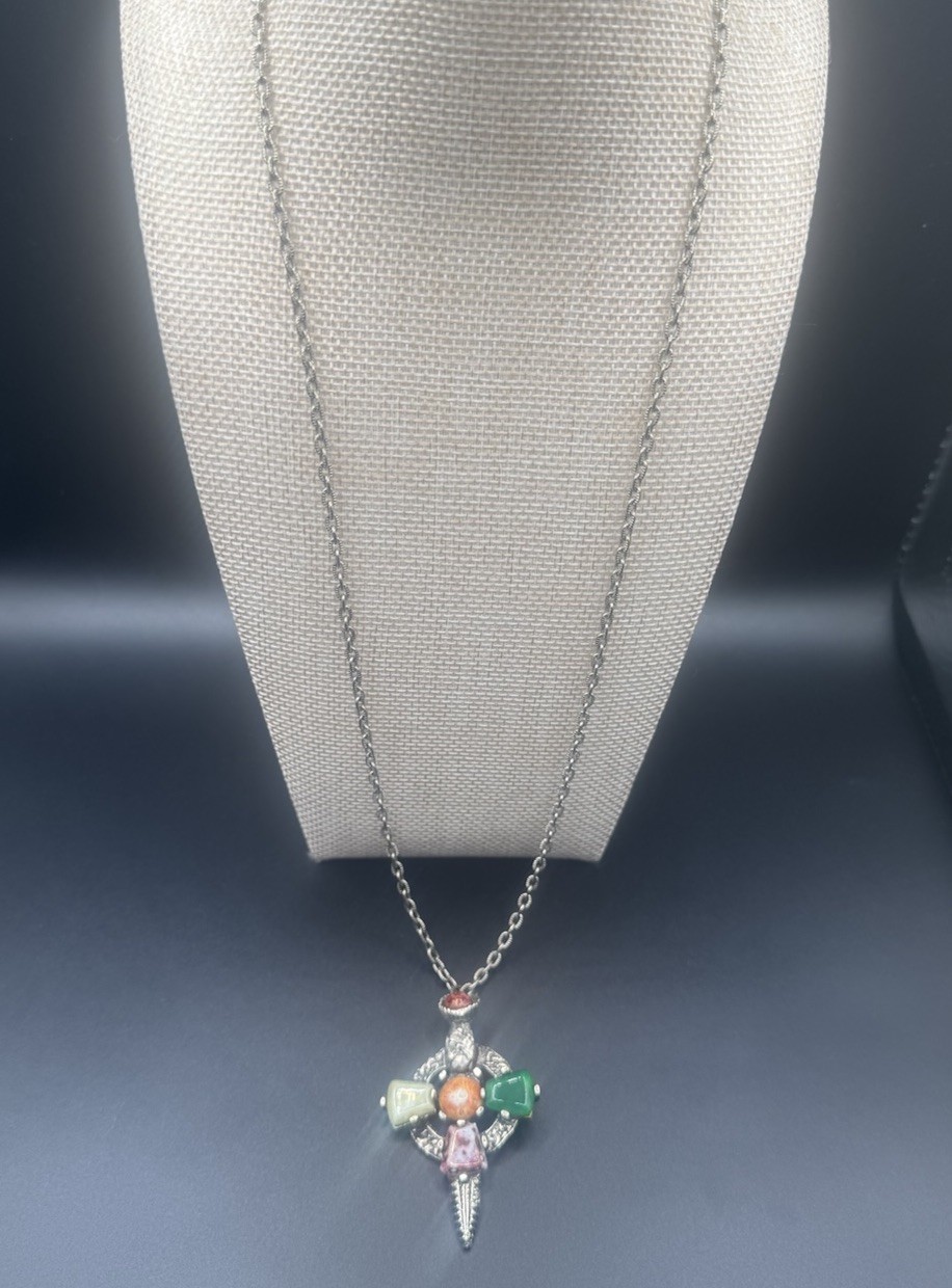 VTG Celtic Scottish Cross Pendant Necklace Multicolor Glass Stones 22″ inch